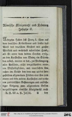 Wahl und Kroenung Joseph des Zweyten zum roemischen Koenige