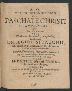 Theses Chronologicae De Paschate Christi Staurōsimōi