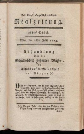 28tes Stück. Wien den 16ten Julii 1774.