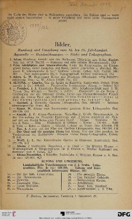 Bilder: Hamburg und Umgebung vom 16. bis 19. Jahrhundert. Aquarelle – Handzeichnungen – Stiche und Lithographien (Nr. 1-571)