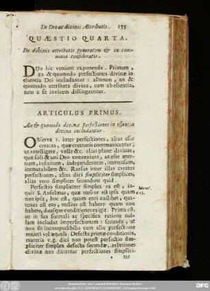 Quaestio Quarta. De divinis attributis generatim & in communi consideratis.