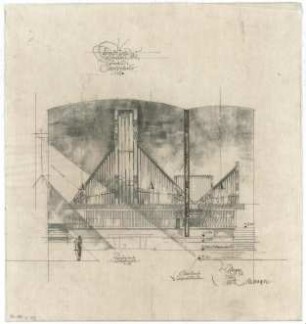 Gsaenger, Gustav; Erlangen - Süd (Bayern); Ev. Matthäus Kirche, Pfarrhaus und Gemeindesaal - Entwurf Orgelprospekt (Ansicht)