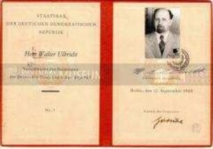 Ausweis von Walter Ulbricht als Vorsitzender des Staatsrates der DDR
