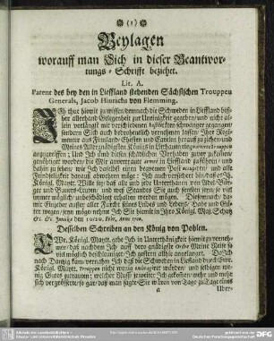Beylagen worauff man Sich in dieser Beantwortungs-Schrifft beziehet