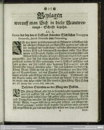 Beylagen worauff man Sich in dieser Beantwortungs-Schrifft beziehet