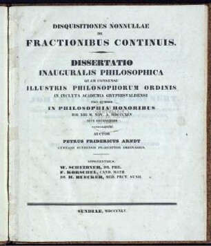 Disquisitiones Nonnullae De Fractionibus Continuis : Dissertatio Inauguralis Philosophica