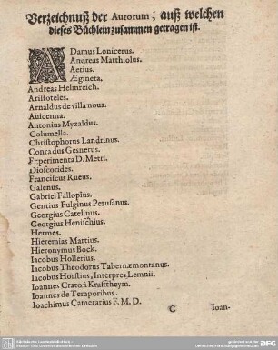 Verzeichnuß der Autorum, auß welchen dieses Büchlein zusammen getragen ist.