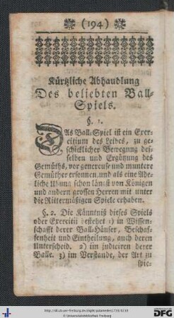 Kürtzliche Abhandlung Des beliebten Ball-Spiels.