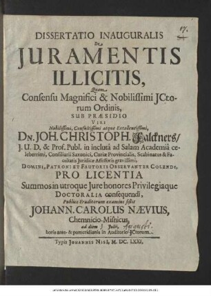 Dissertatio Inauguralis De Iuramentis Illicitis