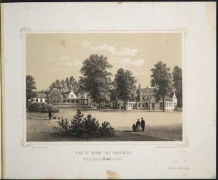 [Bl. 21] : Park zu Muskau. Das Jagdschloss, Stahlstich, um 1867 : Ansichten aus dem Park zu Muskau / [Naturz. u. lith. v. Arldt]. - Muskau i./d. Ober-Lausitz : Ahner ; Dresden : Braunsdorf , [circa 1867]. - [22] Bl. : überw. Ill. ; quer-8°. - Ausg. mit 21 Stahlstichen