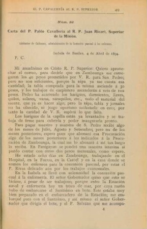Núm. 12. Carta del P. Pablo Cavallería al R. P. Juan Ricart, Superior de la Misión