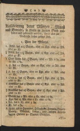 Resolvirung derer Müntzen, Maaß und Gewicht, so theils in diesem Buch enthalten und gebraucht worden, theils aber zur Nachricht hieher gesetzet sind.