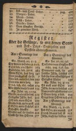 Register über die Gesänge, so mit denen Sonn- und Fest-Tags-Evangelien und Episteln übereinkommen