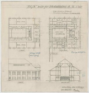 Fischer, Theodor; München; Bayerische Geschützwerke - Lohnbuchhalterei (Grundriss EG, Grundriss 1. OG, Ansicht, Querschnitt)
