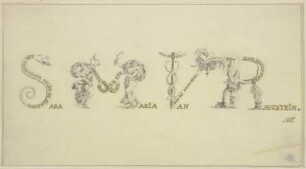 Schriftzug des Namens der Dichterin Sara Maria van Ravestein, die Initialen als allegorische Figuren ausgeführt
