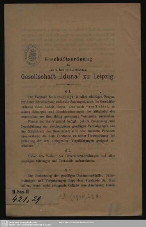 Geschäftsordnung der (am 9. Juni 1819 errichteten) Gesellschaft “Iduna” zu Leipzig : [Leipzig, am 29. April 1885.]