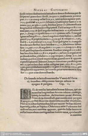 6. De secundo in latitudinem transitu Veneris et Mercurij secundum obliquitatem suorum orbium in apogaeo et perigaeo.