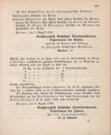 87. Ministerialbekanntmachung, betreffend eine Abgabenerhebung zur Verbandskasse der Viehbesitzer