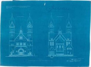 Dekanatskirche, Clerf (Clervaux): Vorder- und Choransicht 1:100