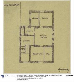 Darmstadt, Projekt Doppelhaus Cabinet, vierte Version, Skizzenblatt mit Grundriss des Kellergeschosses