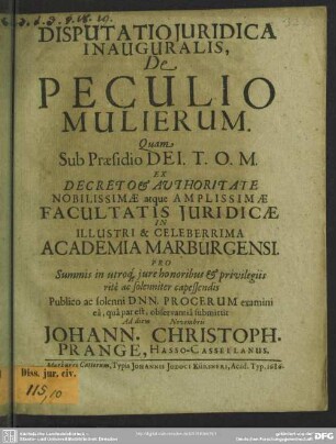 Disputatio juridica inauguralis, De peculio mulierum