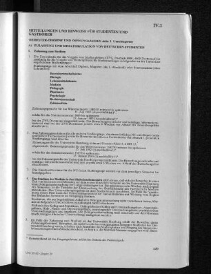 IV.1 Zulassung und Immartikulation