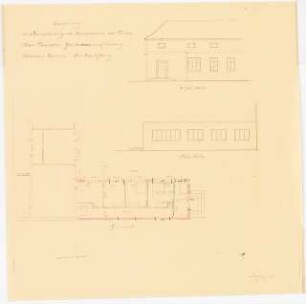 Gärtnerei Karl Foerster, Potsdam-Bornim Erweiterung der Büroräume: Bürogebäude: Grundriss 1:100, Lageplan, Schnitt, Südansicht, Westansicht