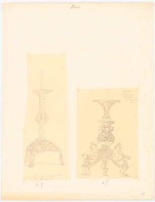 Kerzenleuchter, Paris: Zwei Ansichten von Dreifußleuchtern: I. byzantinisch emaillierter Kerzenhalter - II. figuralverzierter Kerzenhalterfuß (Nach- oder Durchzeichnungen aus Dufommerard, Les arts du Moyen Age, Pl. XVI und nach Didron, Annales archéologiques, 1848, aus der Sammlung des Monsieur Saint Seine, 2 Blätter)