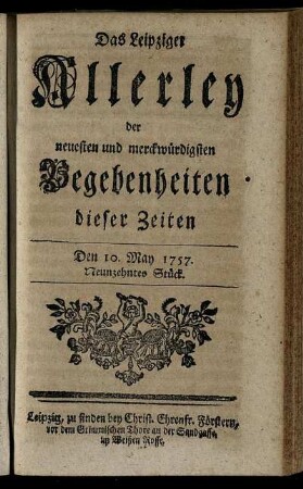 Den 10. May 1757. Neunzehntes Stück.