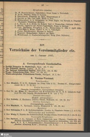 XIV. Verzeichniss der Vereinsmitglieder etc. am 1. Januar 1885