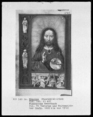 Flämisches Gebetbuch mit Kalender — Bildseite mit zwei Miniaturen und einer Randleiste mit zwei Figuren, Folio 7verso