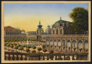 Ansicht vom Zwinger Innenhof in Dresden, gouachierte Lithographie, um 1840 : Le Zwinger a Dresde : entouréer des grandes galleries / [Ludwig Eduard Lütke]. - [S.l.] , [um 1840]. - 1 Ansicht : Kreidelithographie, aquarelliert u. gouachiert ; Blattgr. 23 x 15 cm