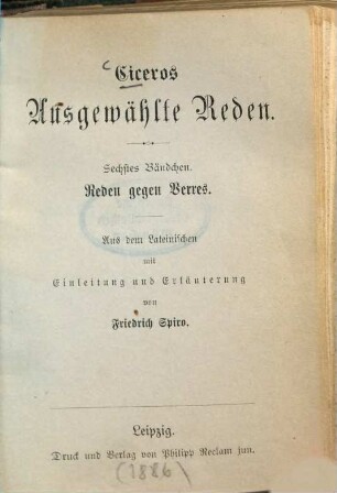 Ciceros Ausgewählte Reden, 6. Reden gegen Verres