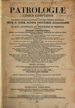 P. Lombardi magistri sententiarum, Parisiensis episcopi opera omnia : accedunt Magistri Bandini ... sententiarum libri quatuor. 2