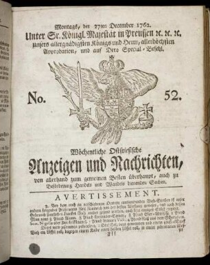 No. 52. Montags, den 27ten December 1762.