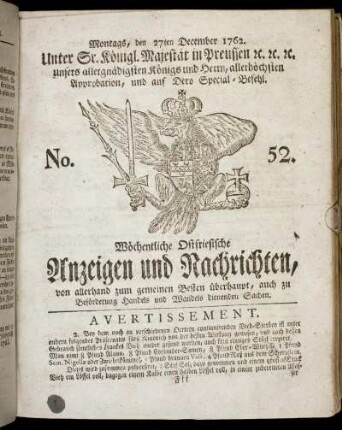 No. 52. Montags, den 27ten December 1762.