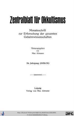 24: Zentralblatt für Okkultismus: Monatsschrift zur Erforschung der gesamten Geheimwissenschaften