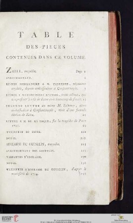 Table des pieces contenues dans ce volume