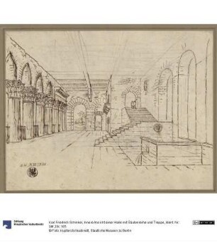 Innere Ansicht einer Halle mit Säulenreihe und Treppe