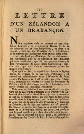 Lettre D'Un Zélandois À Un Brabançon, Ou Considérations sur les véritables Intérêts de la Province de Zélande