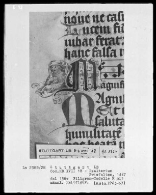 Psalterium — Initiale M (agnificat) mit männlicher Halbfigur, Folio 136verso