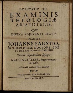 Disputatio XII. Examinis Theologiae Aristotelis
