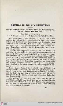 Arbeiten und Fortschritte auf dem Gebiete der Photogrammetrie in den Jahren 1908 und 1909
