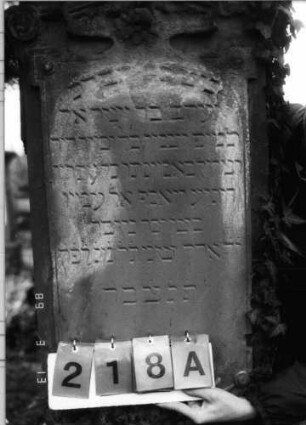 Grabstein 218 (Index: 100093606) Zustand: verwittert Maße HxBxT: 201x51x26 cm Symbolik: nach unten hängender Strauß?: Grabstein 218A