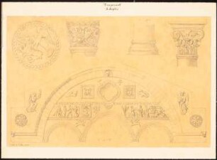 Hagia Sophia, Trapezunt: Gewölbe mit altgriechischer Inschrift und Säulendetails mit christlichen Motiven, Maßangaben (Fuß) (Nach- oder Durchzeichnung nach Charles Texier und Richard P. Pullan, LXIV.)