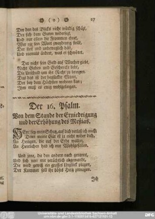 Der 16. Psalm. Von dem Stande der Erniedrigung und der Erhöhung des Meßias.