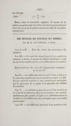 Lois nouvelles des puissances des nombres.