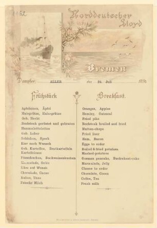 Menükarte : Frühstück, Dampfer "Aller"