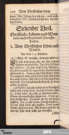 Siebender Theil. Christliche Lebens- und Wandels- auch Stand und Beruffs-Lieder.