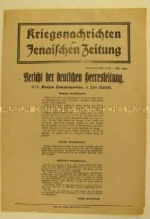 Nachrichtenblatt der "Jenaischen Zeitung" zum Kriegsverlauf an der West- und Ostfront